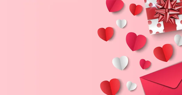 Valentinstag Hintergrund Geschenke Umschlag Und Papierherzen Auf Rosa Hintergrund Vektorillustration — Stockvektor