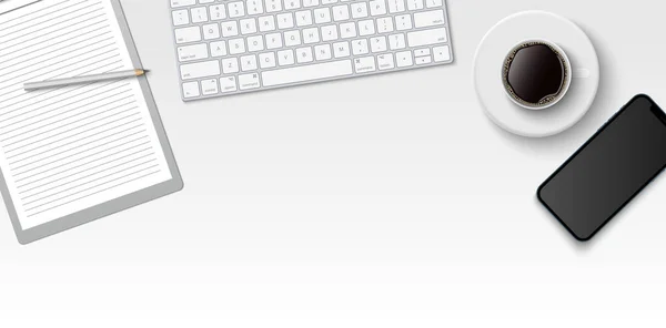 Flache Lage Minimaler Arbeitsraum Bürotisch Mit Computertastatur Klemmbrett Und Kaffeetasse — Stockvektor