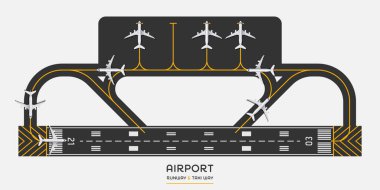 Havaalanı pisti ve taksi manzarası uçak ve vektör illüstrasyonuyla dolu.