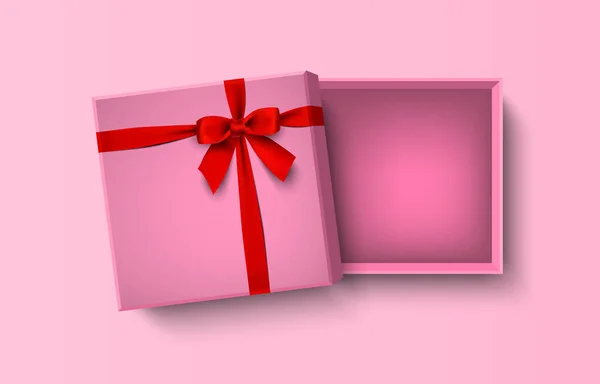 Caja Regalo Vacía Rosa Abierta Con Lazo Rojo Cinta Ilustración — Vector de stock