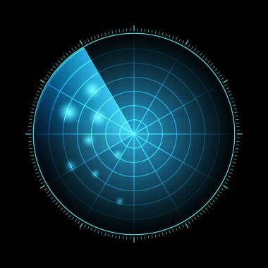 HUD radar with targets in action. Military search system, vector illustration clipart