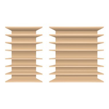Beyaz arkaplanda izole edilmiş boş ahşap raflar, vektör illüstrasyonu