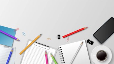 Modern işyerinin üst görünümü, beyaz arka planda kahve kağıdı kalem ve metin, iş konsepti, vektör illüstrasyonu için kopyalama alanı