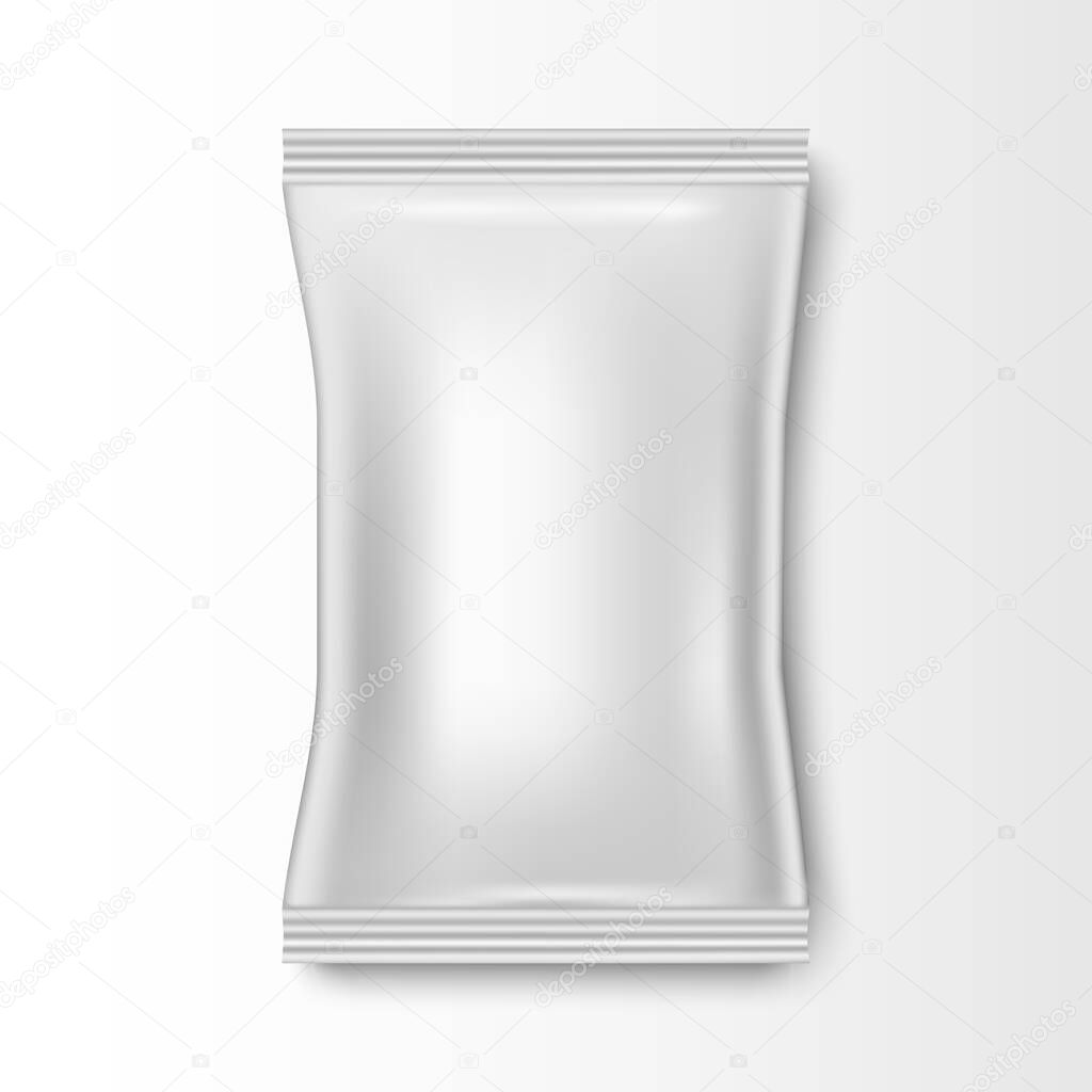 Blank plastic foil bag for packaging design, mockup template for food snack, vector illustration