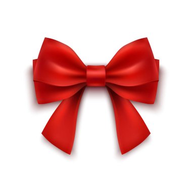 Kırmızı Yay Gerçekçi, gölgesi beyaz arka planda saklı saten düğün davetiyesi, tebrik kartı ya da hediye kutuları. vektör illüstrasyonu