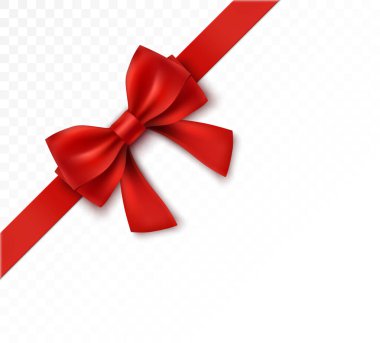 Kırmızı Yay Gerçekçi, gölgesi gölgede kalmış parlak saten düğün davetiyesi, tebrik kartı ya da hediye kutuları için şeffaf arka planda. vektör illüstrasyonu