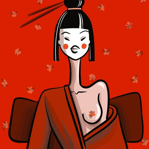 Красивая Японская Женщина Кимоно Красном Фоне — стоковое фото
