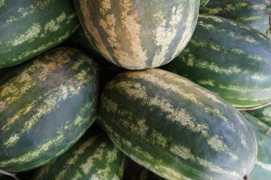 Many big sweet green watermelons in Market,Moroccan Traditional Dessert, Seasonal Summer Fruits