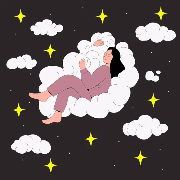 雲の上で寝ている 健康的な睡眠の概念フラットベクトル手描き文字 甘い夢 — ストックベクタ