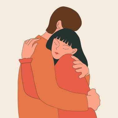 Adam ve kız sarılıyorlar. Aşık mutlu bir çift. Çizgi film düz stiliyle vektör el çizimi.