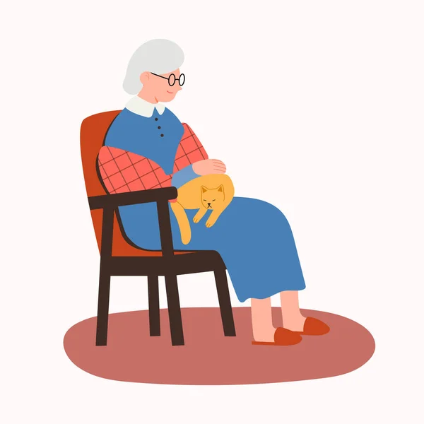 Vieille Dame Assise Sur Une Chaise Avec Chat Illustration Vectorielle Graphismes Vectoriels