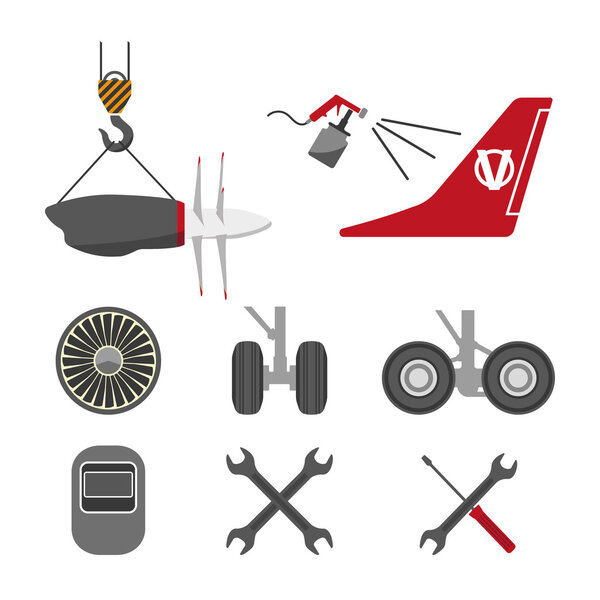 Set of aircraft parts on white background. Flat vector icons set. Airc