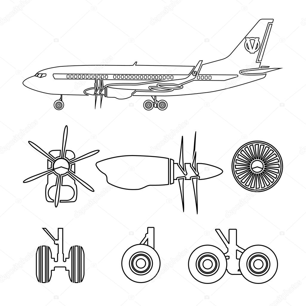 Jets constructor. Outline silhouettes aircraft parts. Collection