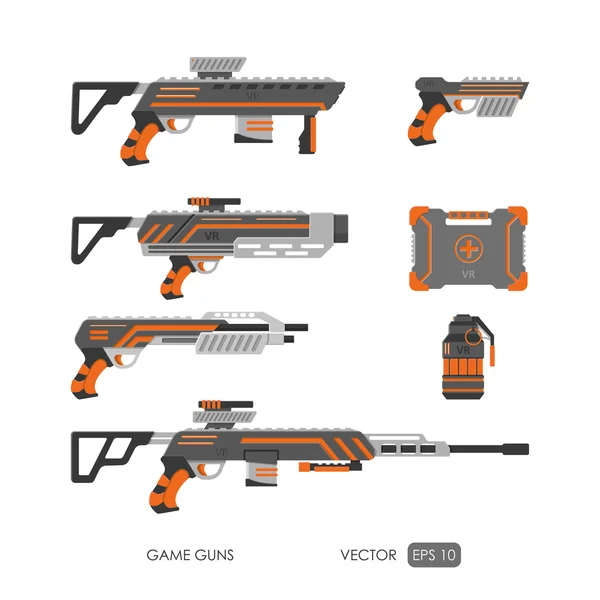 Armes pour système de réalité virtuelle. Ensemble d'armes de jeu vidéo. Vidéo g — Image vectorielle