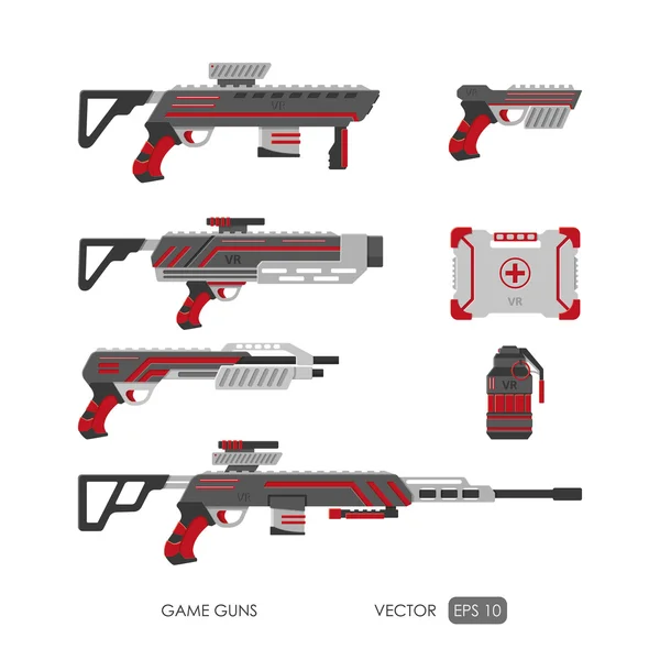 Armes pour système de réalité virtuelle. Ensemble d'armes de jeu vidéo. Vidéo g — Image vectorielle