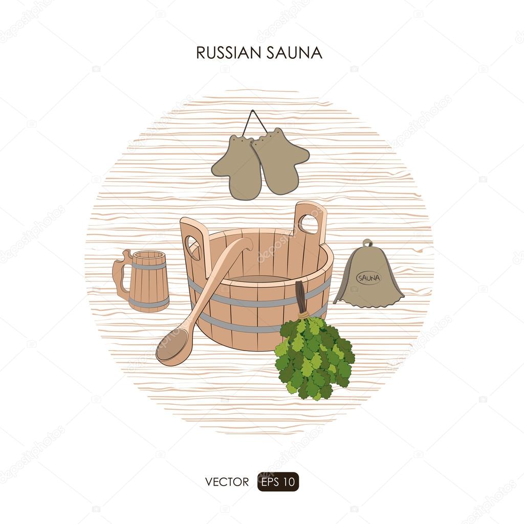 Sauna set. Sauna logo on a white background. Bathroom items. Bath collection. Vector illustration