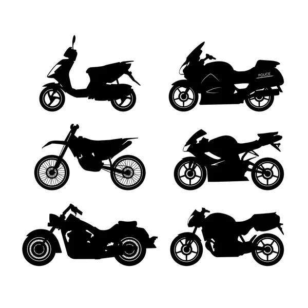 Fehér alapon fekete sziluettek motorkerékpárok beállítása — Stock Vector