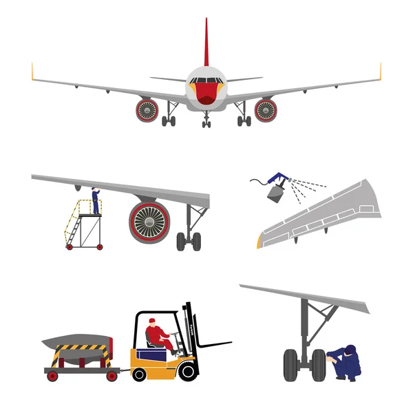 Riparazione e manutenzione di aeromobili. Serie di parti di aeromobili in fl — Vettoriale Stock