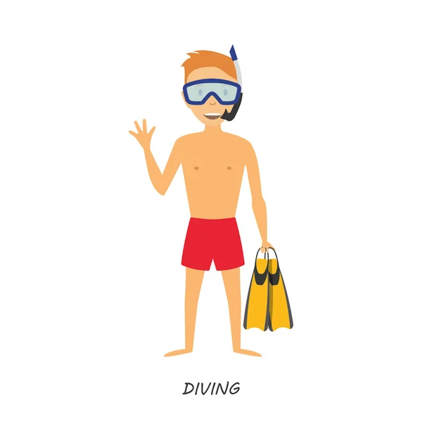 Figure plongeur dans le style dessin animé sur fond blanc. Repos d'été . — Image vectorielle