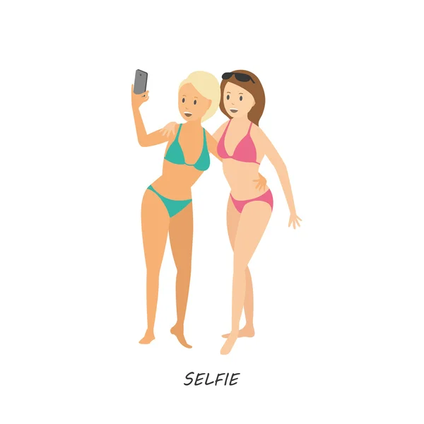 Raparigas a fazer selfie. Desenho no estilo dos desenhos animados em um backgrou branco — Vetor de Stock