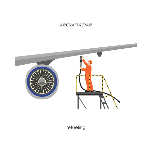 Riparazione e manutenzione di aeromobili. Aereo di rifornimento uomo — Vettoriale Stock