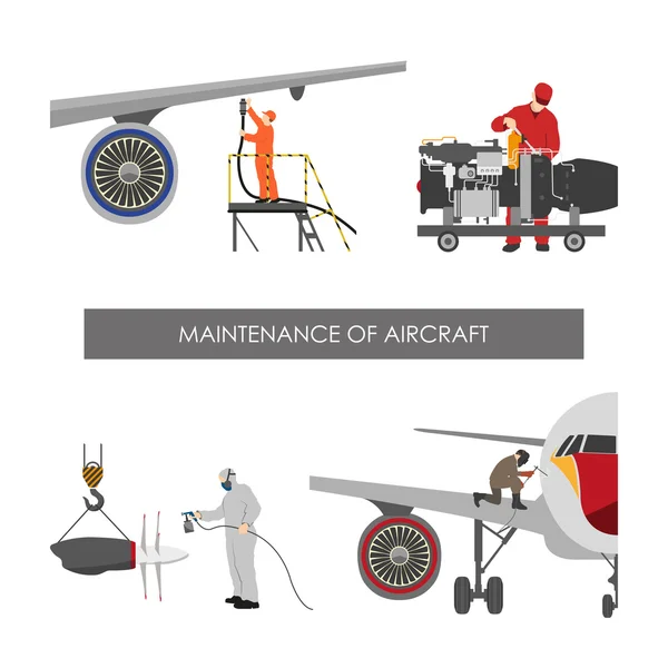 Repair and maintenance aircraft. Workers in overalls repair plan — Stock Vector