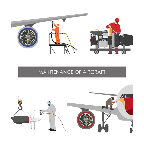 Aviones de reparación y mantenimiento. Trabajadores en plan de reparación de overoles — Vector de stock