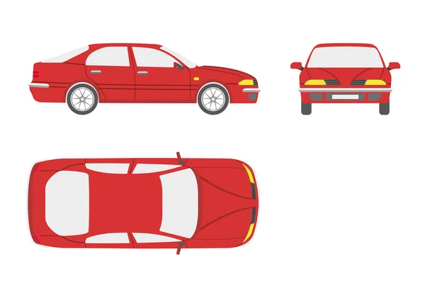 Červené auto na bílém pozadí. Tři pohledy: přední, boční, horní — Stockový vektor