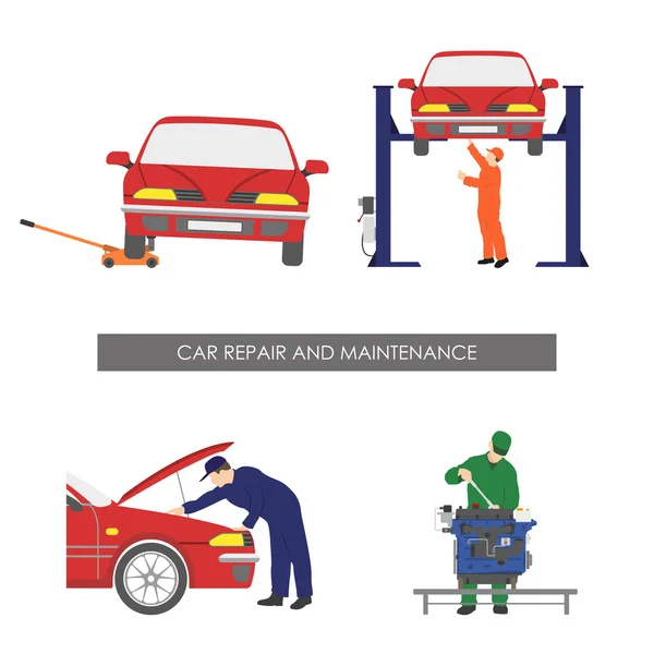 Reparação e manutenção do carro. Oficina de reparação de veículos —  Vetores de Stock