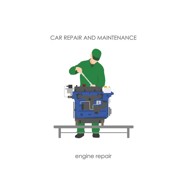 Mecanic în salopete repararea motorului auto — Vector de stoc