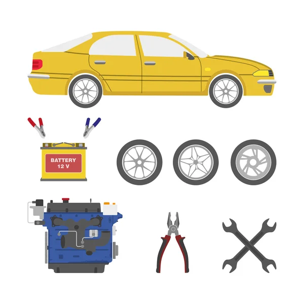 Reeks van auto-onderdelen. Batterij, motor, wielen, tools — Stockvector