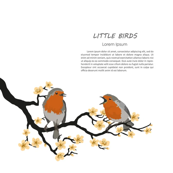 Deux oiseaux assis sur une branche fleurie — Image vectorielle