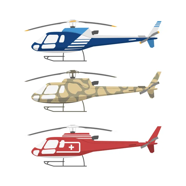 Orvosi, polgári és katonai helikopterek. Oldalnézet — Stock Vector
