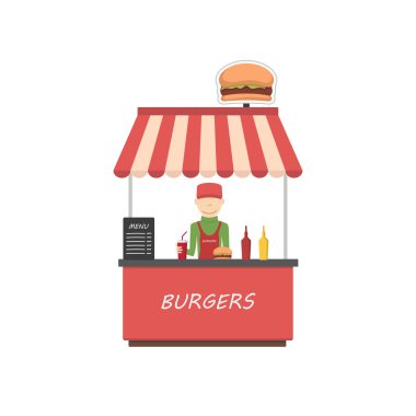 Sokak Dükkanı burger. Fast food kiosk düz tarzı. H adam satıyor