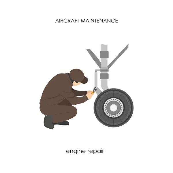 Ingeniero de reparación de aviones tren de aterrizaje. Reparación y mantenimiento — Vector de stock