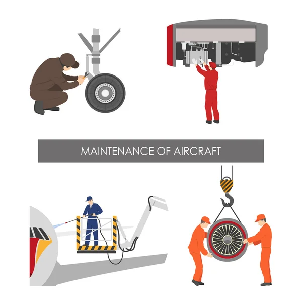 Ремонт и техническое обслуживание самолетов. Набор деталей для самолетов в fl — стоковый вектор
