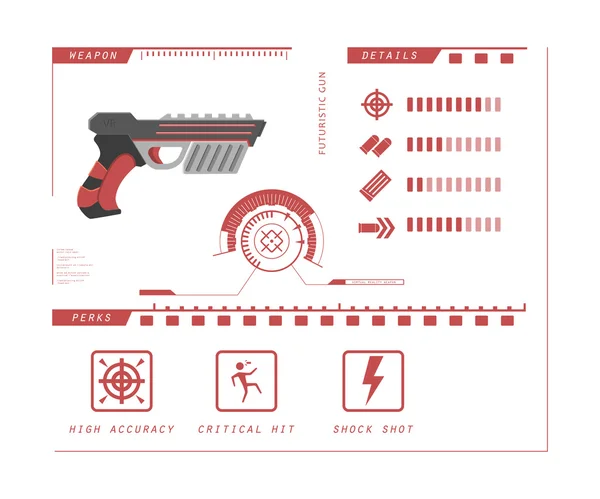 Detalhes da arma: pistola. Vantagens de jogo. Arma de realidade virtual —  Vetores de Stock