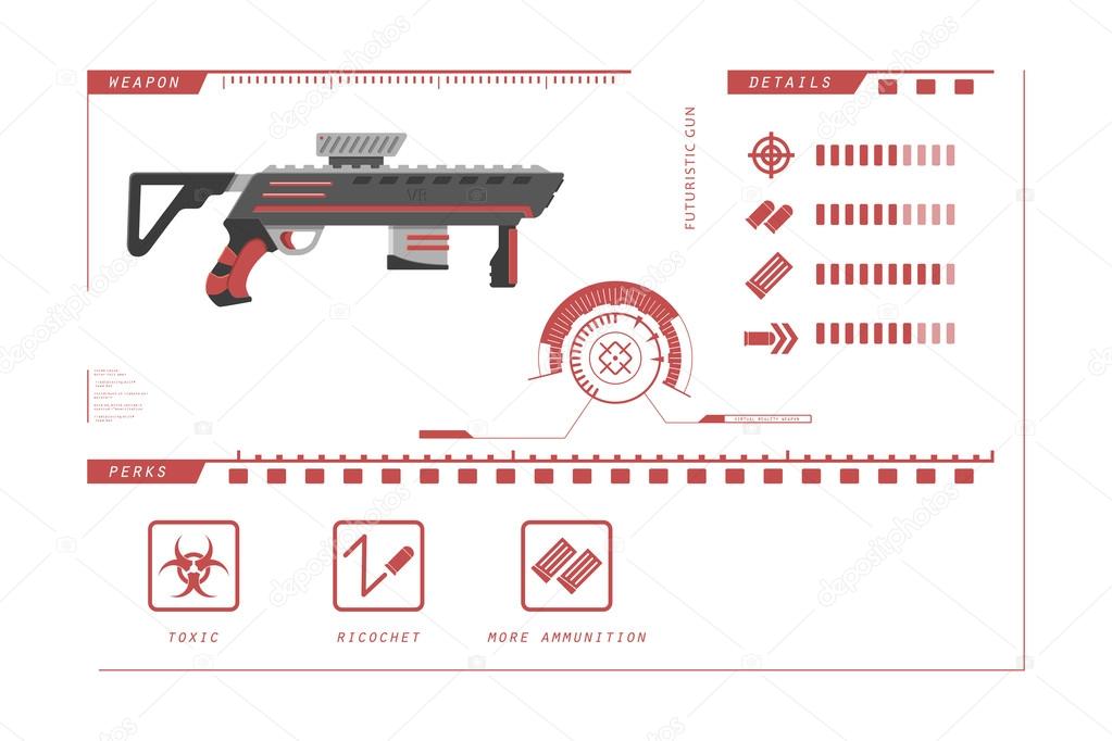 Details of gun: rifle. Game perks. Virtual reality weapon