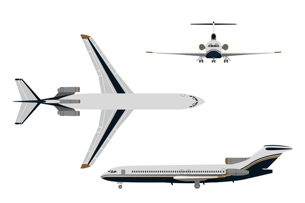 Menggambar pesawat dengan gaya datar dengan latar belakang putih. Atas, depan , - Stok Vektor