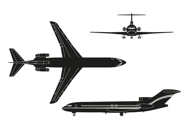 Siluet pesawat hitam dengan latar belakang putih. Tampilan atas, depan - Stok Vektor