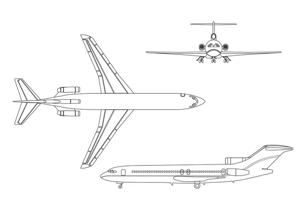 วาดเส้นขอบเครื่องบินบนพื้นหลังสีขาว ด้านบน, ด้านหน้า, ด้าน v — ภาพเวกเตอร์สต็อก