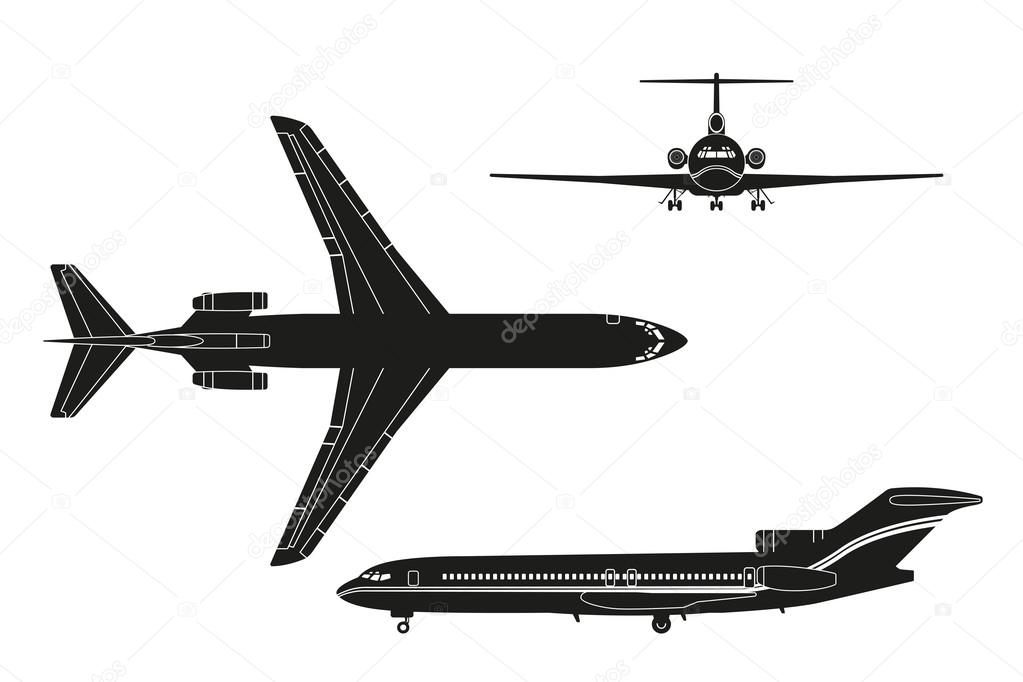 Black airplane silhouette on a white background. Top view, front