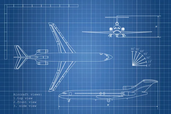 Garis besar menggambar pesawat dengan latar belakang biru. Atas, samping dan depan - Stok Vektor