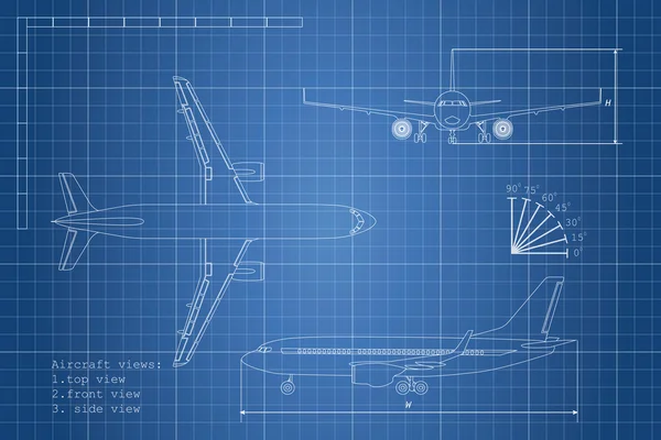 Décrivez le plan de dessin sur un fond bleu. Haut, côté et devant — Image vectorielle