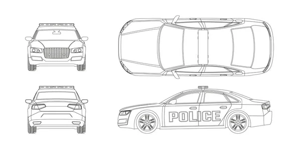 De blauwdruk van de politieauto schetsen. Voor-, zij-, achter- en zijaanzichten. Patrouille auto tekening. Geïsoleerd beeld. Stadswacht — Stockvector