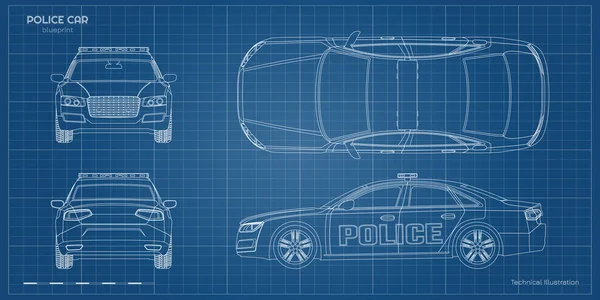 De blauwdruk van de politieauto schetsen. Voor-, zij-, achter- en zijaanzichten. Patrouille auto tekening. Industrieel document. Stadswacht — Stockvector