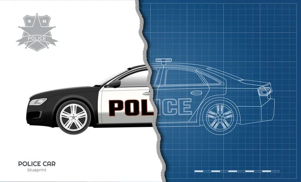 Схема полицейской машины. Вид спереди, сбоку, сзади и сбоку. 3D Patrol automobile drawing. Изолированное изображение. Городская охрана — стоковый вектор