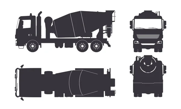 Zwart silhouet van betonmixer truck. Zij-, boven-, voor- en achterkant. Geïsoleerde vrachtwagen blauwdruk. Industriële tekening. Bouwvoertuig voor bouw — Stockvector