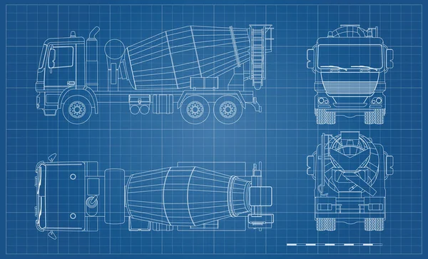 Schets betonmixer truck. Zij-, boven-, voor- en achterkant. Vrachtwagen blauwdruk. Industriële tekening. Bouwvoertuig voor bouw — Stockvector