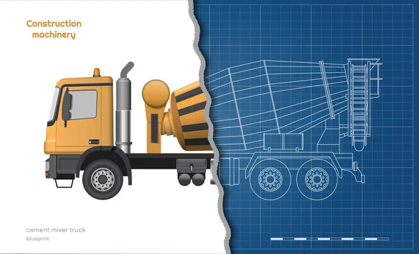 Nákladní auto na míchání betonu. Boční, horní, přední a zadní pohledy. Oranžový izolovaný náklaďák s cementem. 3D průmyslový plán. Stavební vozidlo pro stavbu. — Stockový vektor